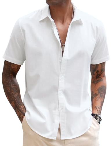COOFANDY Mens Linen Casual Short Sleeve Shirt Button Down Summer Beach Shirts