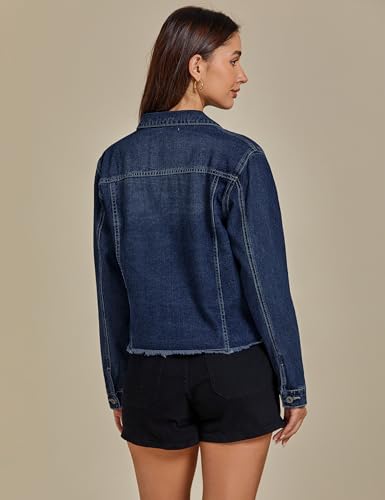 Image of luvamia Denim Jacket for Women Distressed Jean Jackets Button Up Vintage Western Trucker Jacket Frayed Hem Pockets