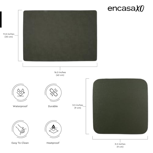 Image of Encasa XO Leather Dining Table Mat Set of 2 + 2 Coasters, 42x30 & 9 cm | Water & Heat Resistant Double-Layer Dining Table Mats with Suede Top | Wipeable & Durable Olive Placemats for Dining Table