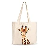 Canvas Tote Bag, Animal Design, Heavy Duty Gusseted, 100% Natural Cotton, for Shopping, Grocery, Laptop (T-GIRAFFE-XL)