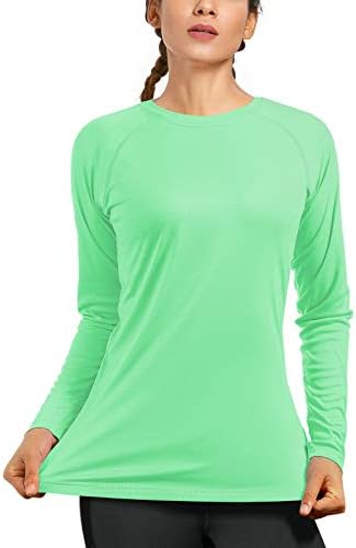 Womens UPF 50+ Long Sleeve Workout Running Shirts Quick Dry Outdoor UV Sun Protection Shirt for Athletic Diving Rash Guard Swimming Fishing Light Green