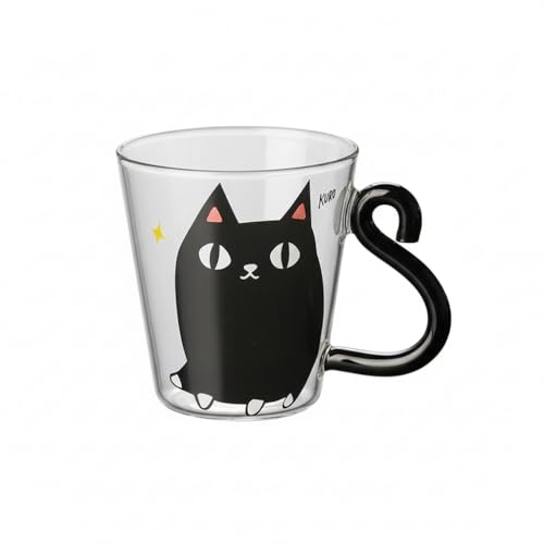 猫しっぽハンドル ガラスマグ ねこ イラスト クリアマグ カップ コップ 耐熱ガラス インスタ映え おしゃれ かわいい カフェ風 ティータイム コーヒー 紅茶 ジュース ギフト 8種類の柄から選べる (パターンG)