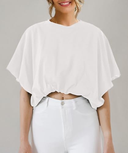 Womens Summer Crewneck Crop Tops Short Sleeve Casual Loose Cropped T Shirts