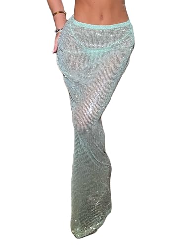 Women Y2k Sequin Long Skirt Low Rise See Through Sparkly Bodycon Maxi Mermaid Skirt Streetwear