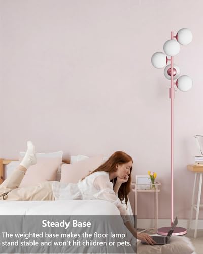 Image of Lightdot Dimmable Globe Floor Lamp, Retro Pink Pole Standing Lamps with 5PCS Bulbs Included, Mid Century Modern Floor Lamp with 5Lbs Heavy Base for Living Room /Bedroom /Sofa Beside /Corner Decor