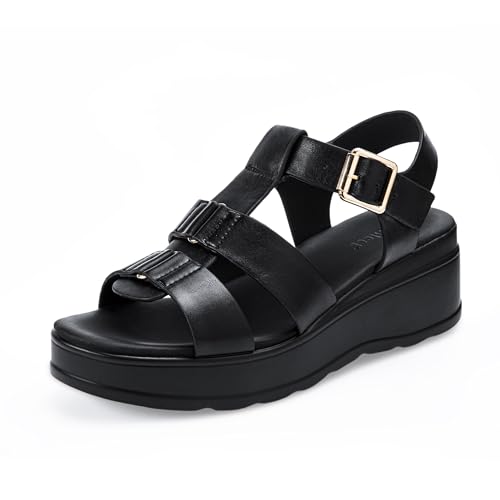 Image of Platform Sandals Women Chunky Wedge Sandals for Women Comfortable | Women's Flat Summer Shoes Round Open Toe with Arch Support Wide Strap Faux Leather Wedges for Beach Camping Travel Office