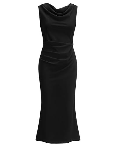 Image of OWIN Long Formal Cocktail Dresses for Women Summer Ruched Sleeveless Cowl Neck Maxi Mermaid Bodycon Prom Evening Party Dress Black XL
