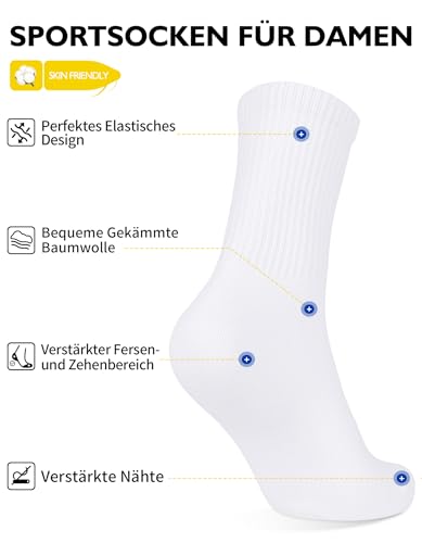 CLOSEMATE 5 Paar Tennissocken Damen Laufsocken Strümpfe Sportsocken Wadenstrümpfe Atmungsaktive Baumwollsocken Gekämmte Baumwolle Damensocken Crew Socks Weiß Größe M 39-42