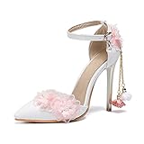 Brautschuhe Damen, 11Cm Kleid Spitzschuh High Heel Pumps Spitze Anhänger Schnalle Riemen Elegante Bequeme Mode Sandalen Für Hochzeit Party Abend Abschlussball,Rosa,39 EU