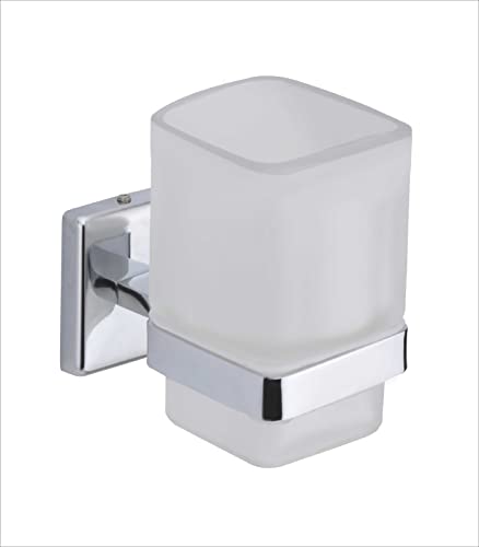 Image of Premium Wall Mounted Toothbrush Holder with Frosted Glass Tumbler | SUS 304 Stainless Steel Rustproof Toothpaste & Brush Stand for Bathroom | Chrome Finish (SQ 2707O)