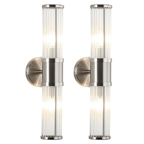 JOOSENLUX Bathroom Sconces Set of 2 Brushed Nickel Wall Sconce Light Fixtures with E12 Base and Glass Rod Design – Modern Vanity Light Fixture for Bathroom, Powder Room, Bedroom, Hallway Bru