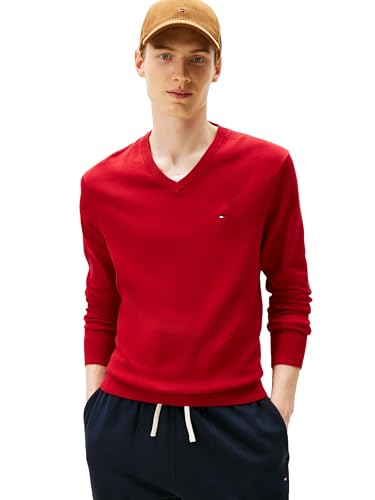 Tommy Hilfiger Herren Cotton Solid V Neck Sweater Lightweight Pullover, Mittelrot, Mittel – Ansicht 1