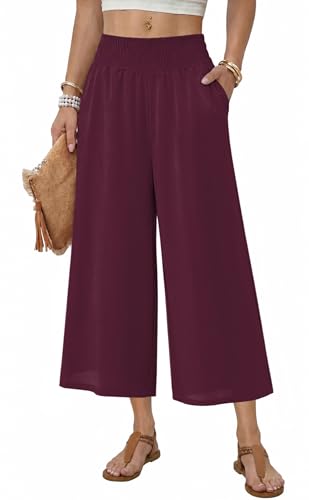 HMIYA Damen 3/4 Culotte Hose Leichte und Luftig Sommerhose Weites Bein Stoffhose Weinrot L