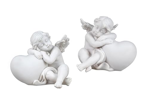 formano Trauerstein Gedenkstein als Grabschmuck Engel sitzend mit Herz Weiss-matt 8cm aus Kunststein gefertigt- Lieferumfang 1 Stück von 2