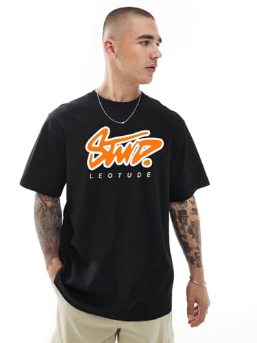 Image of LEOTUDE Half Sleeve Oversized Tshirt for Men, Round Neck Cottonblend Drop Shoulder Printed T-Shirt (Black Color)