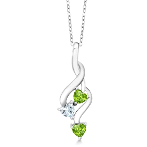Gem Stone King 925 Sterling Silver Green Peridot and Sky Blue Aquamarine Pendant Necklace For Women (0.84 Cttw, Gemstone August Birthstone, Heart Shape 4MM, with 18 Inch Silver Chain)