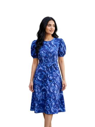 Image of HELLCAT Women Floral Fit & Flare Midi Dress | Round Neck, Puff Short Sleeve, Waist Tie-Up Belt | Casual Brunch Wear, Western One Piece, A-Line Long Frock, Summer Party Outfit
