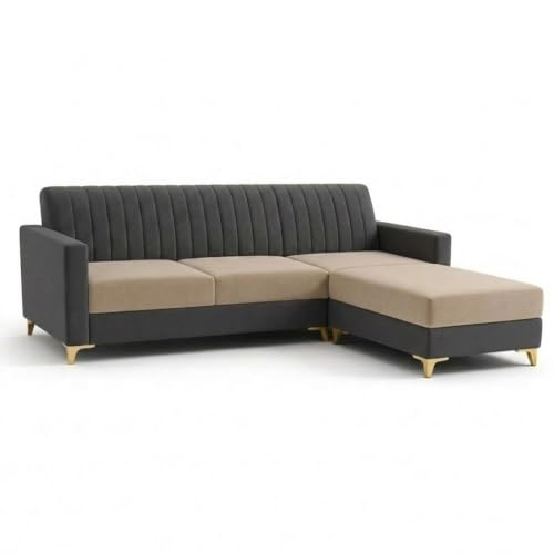 Image of CASASTYLE Signature Groovy 4-Seater L-Shape Sofa Set with Movable Ottoman | Flexible LHS /RHS Layout | Boston Fabric & Plush Cushions | 40D Foam + Zigzag Spring | 3-Yr Warranty (Dark Grey -Beige)