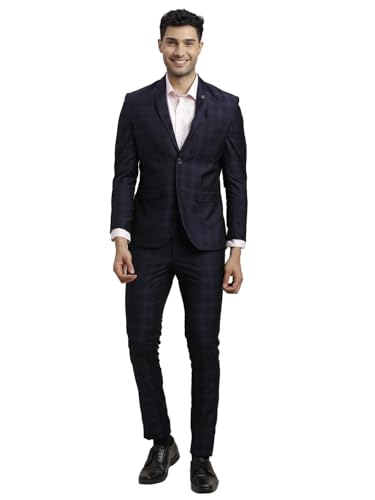 Image of Turtle Men Terry Rayon Checkered Full Sleeve Two Piece Navy Blue Party Suit