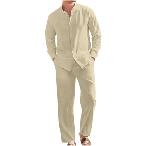 Conjunto Lino Hombre Ofertas,Algodón y Lino Conjunto Verano Hombre de Dos Piezas Camisas Manga Larga y Pantalones Largo Camisas Hawaianas de Playa con Botones Ligero y Transpirable Trajes de Ocio