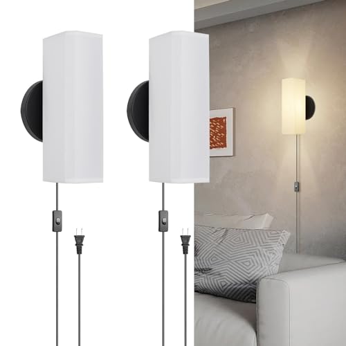 Frideko Plug in Wall Sconces Set of Two Wall Lamp with Plug in Cord Indoor Wall Light Fixtures with Fabric Lampshade Modern Wall Sconce Black Sconces Wall Lighting for Bedroom Living Room