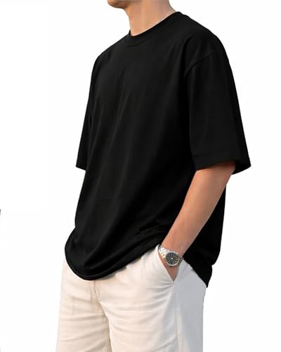 Image of BARKEYO Men's Half Sleeve Round Neck French Terry Oversized Drop Shoulder T-Shirt for Men