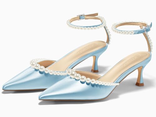Image of Coutgo Womens Pearl Kitten Heels Closed Pointed Toe Wedding Bride Dress Shoes Ankle Strap Satin Pumps