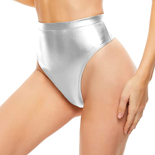 Kepblom Women's Thong Metallic Rave Bottoms Shiny High Waisted Panties For Festival Clubwear Dancing, Silver, S #TOP3