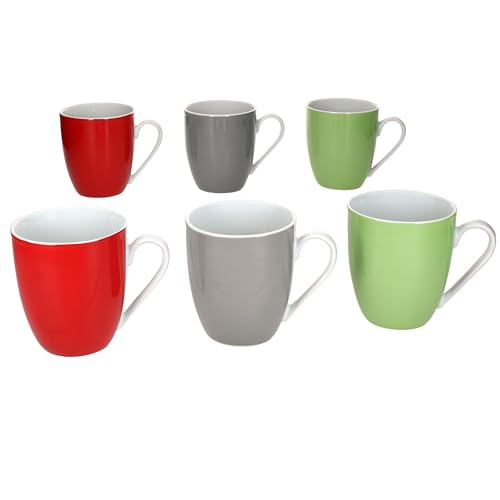 MamboCat 6er Set Variant Trio Kaffeebecher I 350ml, Höhe 10,3cm I farbige Porzellan-Becher mit Henkel für 6 Personen in Grün, Rot & Grau I Bunte Tassen für Heißgetränke wir Tee, Kakao & Co
