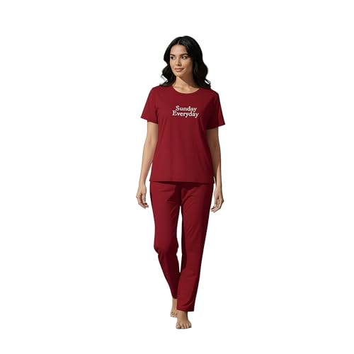 Womens Sunday Everyday Printed Pajama Set T-Shirt & Trouser Two-Piece Soft Sleepwear Nightwear Loungewear PJ Set - Maroon (L)