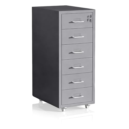 Relaxdays cajonera con Ruedas, 6 cajones, (Alto x Ancho x Fondo): 69 x 28 x 41 cm, con Cerradura, Acero, Gris
