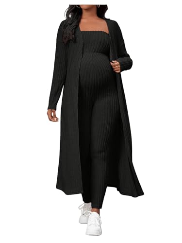 Image of BEAUDRM Women's Maternity Ribbed 2 Piece Outfit Strapless Skinny Leg Jumpsuit and Long Sleeve Cardigan Set