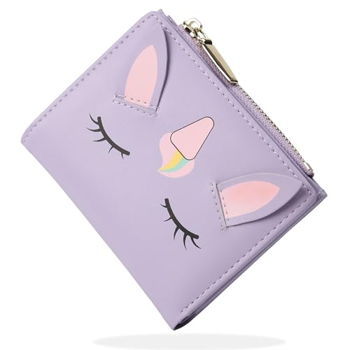 SNCCJ Süß Portemonnaie Damen, Bifold Leder Klein Geldbörse Damen mit RFID Schutz, Geldbeutel Mädchen mit Reißverschluss Münzbeutel (Einhorn Lila)
