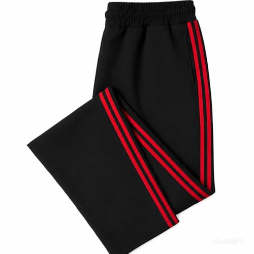 Image of Men's Baggy Track Pant, Black with Red Side Stripe, Relaxed Straight-Fit, 100% Cotton French Terry, 210 GSM