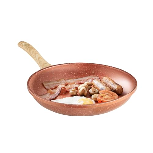 Sovereign Stone Sartén antiadherente de cobre de 20 cm, 24 cm, 28 cm, con asas de madera, apta para uso en placas de gas, inducción, eléctricas y cerámicas (28 cm)