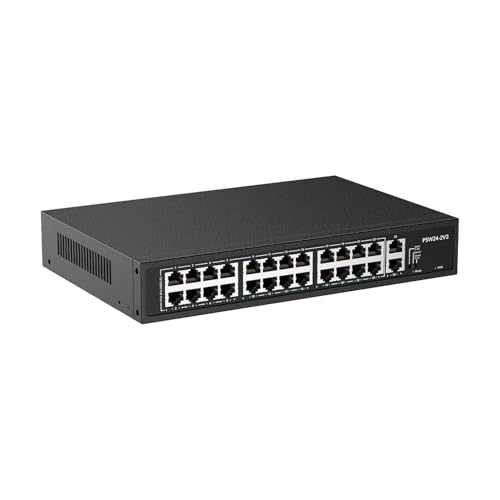 24 Port PoE Switch 10/100Mbps PoE+ Ethernet Switch Unmanaged with 2 Gigabit Uplink Ports Up to 30W Per Port Total Budget 280W 802.3af/at Compliant Fanless Silent Rack Mount