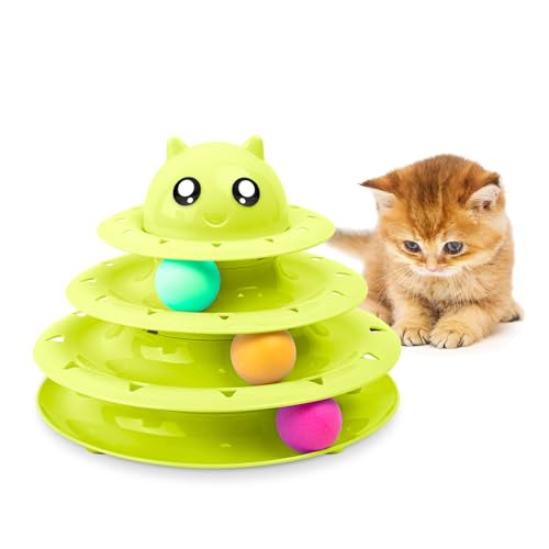 FurDreams Giocattolo interattivo a forma di torre a 3 livelli, con 3 palline di colore, 3 livelli, con palline da gioco per gatti, giocattolo puzzle per gatti per esercizi e stimolazioni