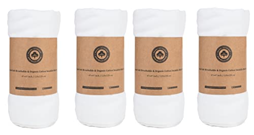 Organic Cotton White Swaddle Blankets - 4 Piece Set of Organic Gauze Muslin Swaddle Blankets - Breathable and Multi-Purpose Cotton Blanket for Newborn and Infants - 47"x47" (White - 4 Swaddles)
