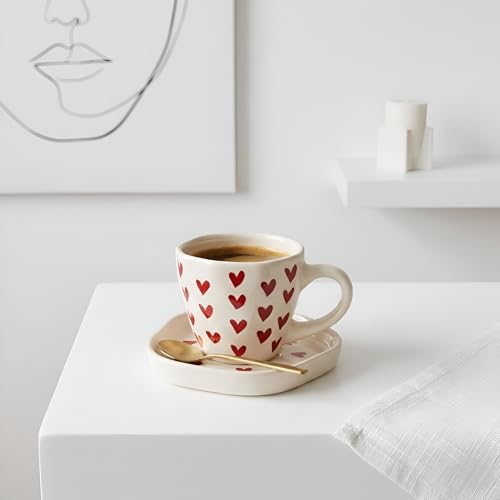 Image of Heart Print Ceramic Coffee Mug and Saucer Set of 2 - Aesthetic Tea Cup, Cute Coffee Mugs for Cafe, Cups & Mugs, Best Gift for Couples and Friends 250 Ml