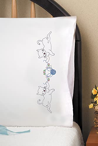 Image of Cats with Yarn Stamped for Embroidery Pillowcases - Set of 2