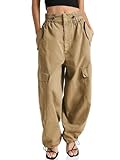 Cicy Bell Women's Wide Leg Cargo Pants Baggy Smocked Waist Fashion Pants with Pockets Khaki