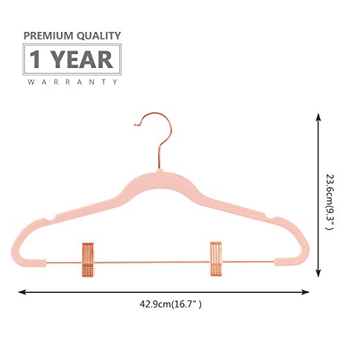 MIZGI Premium Velvet Pants Hangers with Clips (Pack of 20) Slim Skirt Hangers- Non Slip Felt Outfit Dress Hangers Blush Pink - Copper/Rose Gold Hooks,Space Saving Shirt Clothes Hangers