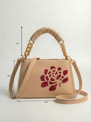 Image of LIKE STYLE Women's PU Sling Bag with Gold Glitter Floral Print | Dual Compartment Crossbody & Shoulder Bag with Braided Handle | Stylish Zip Closure Handbag for Office & Daily Use | Durable Material