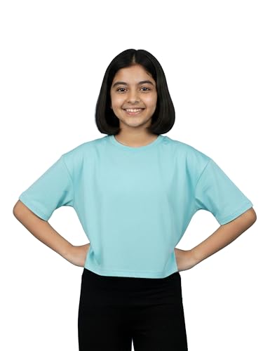 Image of KiddoPanti Girls 100% Cotton Solid Drop Shoulder Half Sleeve Round Neck Crop Tee