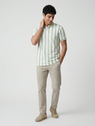 Image of Raymond Men Modern Fit Stripe Pattern Pure Cotton Polo Neck Half Sleeve Casual T-Shirt