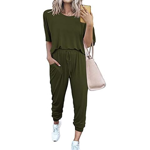 Meenew Women Short Sleeve Sweatsuit Summer 2 Piece Outfit Tshirt and Pants Set S, Short Sleeve-army Green, S Cover