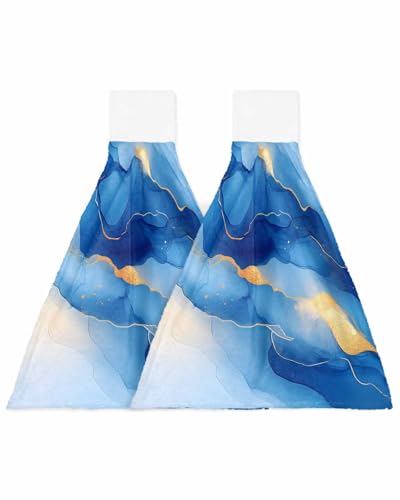 Blue Gold Marble Kitchen Hand Towels, Set of 2