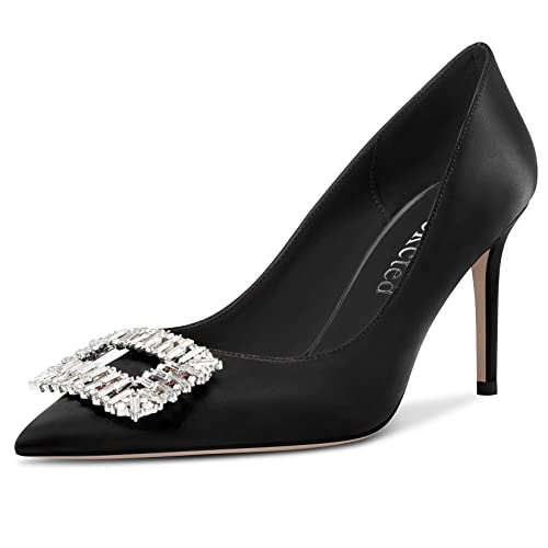 Saekcted Women High Heel Pointed Toe Pumps Slip-on Rhinestone Crystal Office Basic Classic 3.2 Inches Heels
