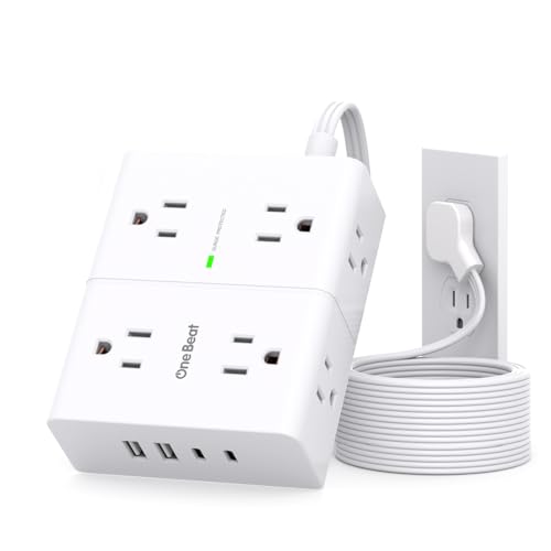 Image of One Beat Surge Protector Power Strip, 6 Ft Ultra Thin Flat Extension Cord with 8 Outlets 4 USB Ports(2 USB C), Flat Plug Power Strip, White Power Strip for Home, Office, Dorm Room Essentials