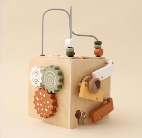 Image of Wooden Activity Cube, Bead Maze, Gears, Shapes, Rabbit Figure, 10 x 10 x 10 inches